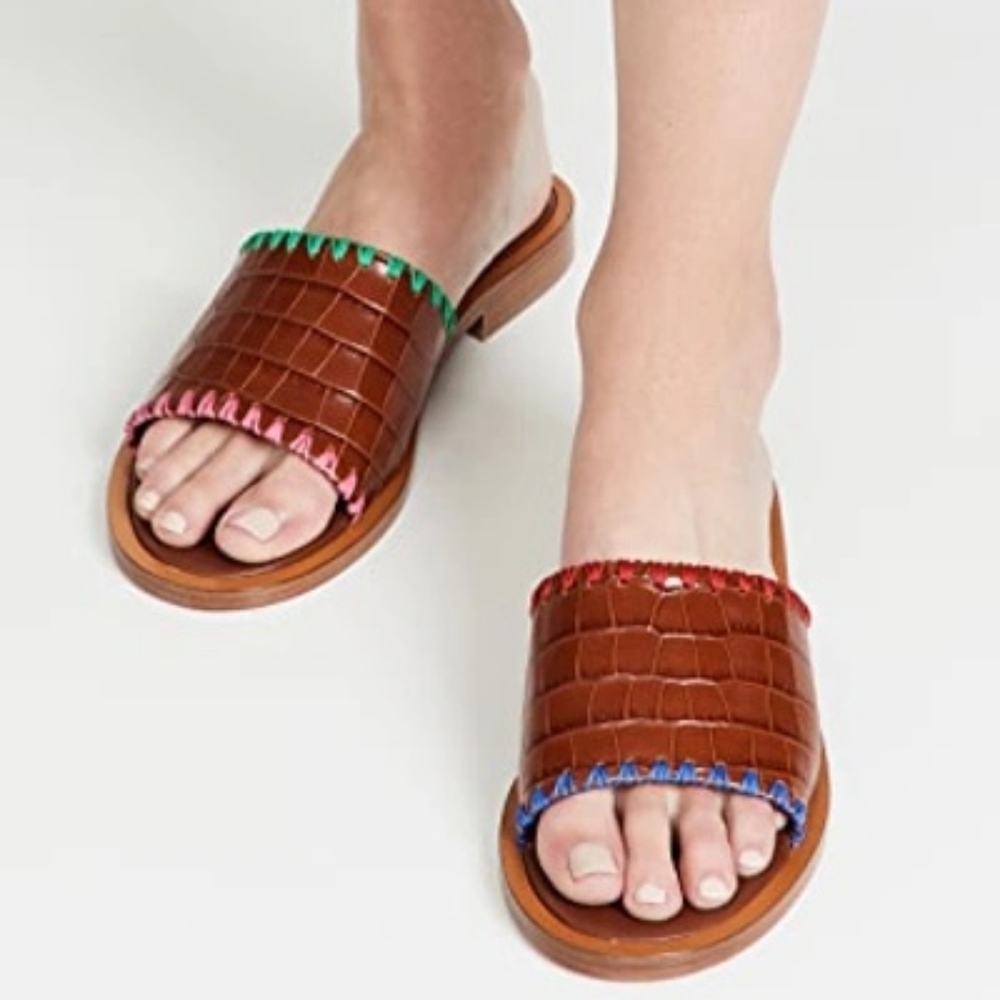 Staud Genie Sandals Mismatched Brown Croc Leather Slides Color women's size 40 - Picture 2 of 7